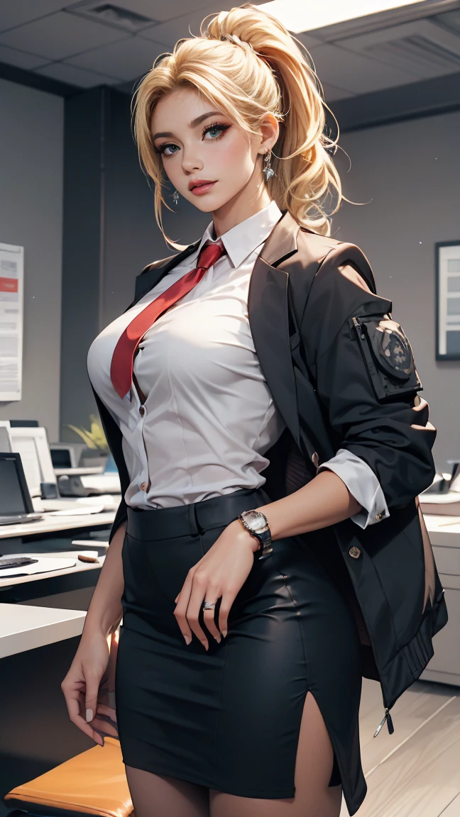 (ultra detailed, photorealistic, Best Quality, 4k, 8k, High resolution, masterpiece:1.3), A stunning and formidable woman with a perfect athletic body and toned muscles. Katarina Volkov has long, Straight blonde hair often tied into a professional bun or ponytail, sharp symmetrical features, piercing green eyes, a big smile, and high cheekbones. She is dressed in elegant and professional clothes., a fitted jacket and a skirt, with concealed tactical gear for protection. The background features a luxurious office environment., emphasizing her role as Ivan Ivanov&#39;s secretary and bodyguard. His intelligent and calculated behavior is evident., capturing her dual role as professional and protector. (intricate detail, super finely detailed hands, ultra finely detailed fingers, full body showcase, show the whole body),