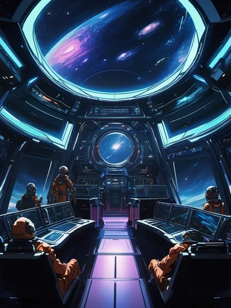 4k details, space opera anime scene of a crew aboard their spaceship overlooking a distant galaxy, the vastness of space contras...