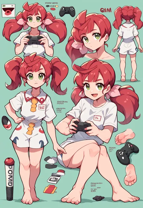 character reference sheet, conceptart, cute girl, femboi, nice foot focus,barefoot, two ponytails, gamer, character sheet, the s...