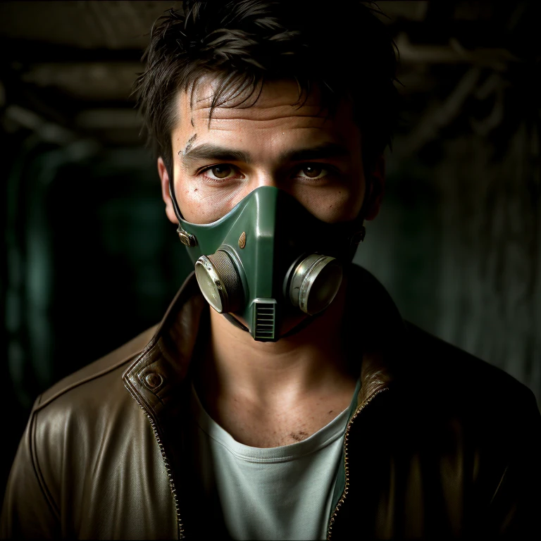 A cinematic, close up photo of a man, His face covered in dirt and scars. He wears a patched leather jacket and a worn gas mask.., showing its surviving nature. The color style is desaturated with a slight blue-green tint., improving the sandy atmosphere. The mood is intense and introspective.. The setting is a dimly lit underground bunker., with flickering fluorescent lights casting eerie shadows. The camera angle is narrow., focusing on the woman&#39;s eyes and facial features. DSLR, Iso 800, shutter speed 1/ 200, Focal length 50mm, Shallow depth of field. The weather is irrelevant in this enclosed space..99post96apocalíptico44,cyberpunk style character design, 