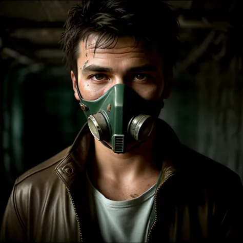 a cinematic, close up photo of a man, his face covered in dirt and scars. he wears a patched leather jacket and a worn gas mask....