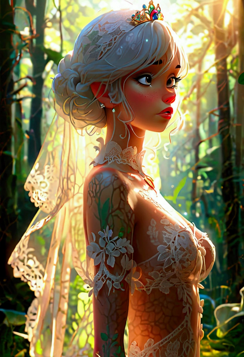 A full body view of a beautiful disbey princess in lace transparent underwear with lace wuth pattern. Stay in hot pose in front of the huge forest and look very sensitive 