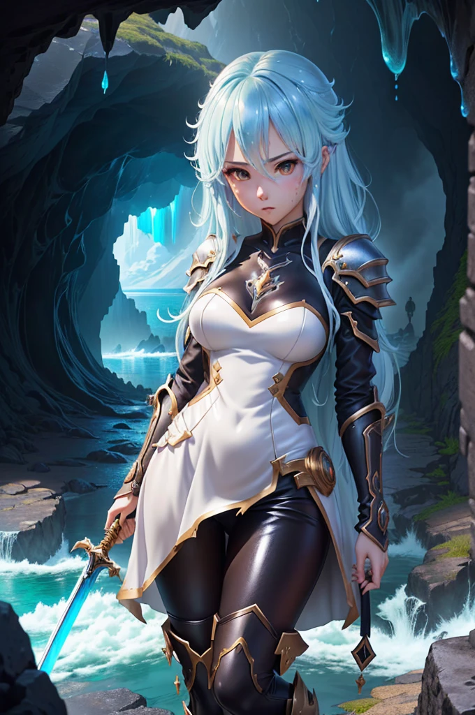 anime slime woman with sword in a cave with clouds, anime fantasy artwork, detailed digital anime art, alena aenami and artgerm, epic rpg portrait, extremely detailed artgerm, epic fantasy art style, anime fantasy illustration, advanced digital anime art, crisp clear rpg portrait, ross tran 8 k, fantasy art style, 2. 5 d cgi anime fantasy artwork