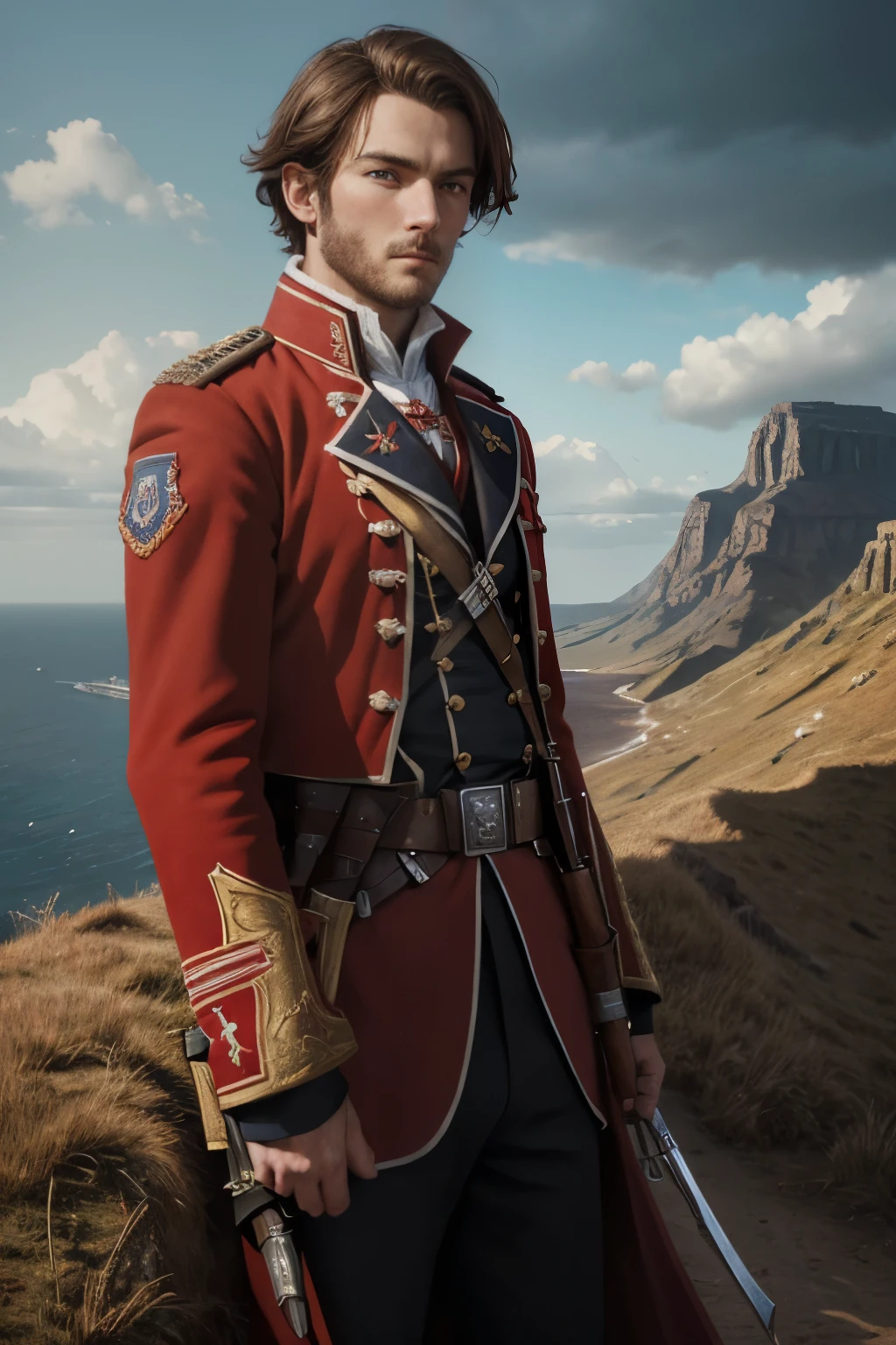 (masterpiece), (best quality), (high resolution),dutch angle,hyper detailed, solo, detailed_background, landscape,  a british soldier in the crimean war, year 1854, british red coat, Brown Hair, perfect eyes,redcoat,