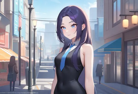 anime girl with long hair and blue eyes standing on the city street, popular content on artstation pixiv, purple eyes, blue tie,...