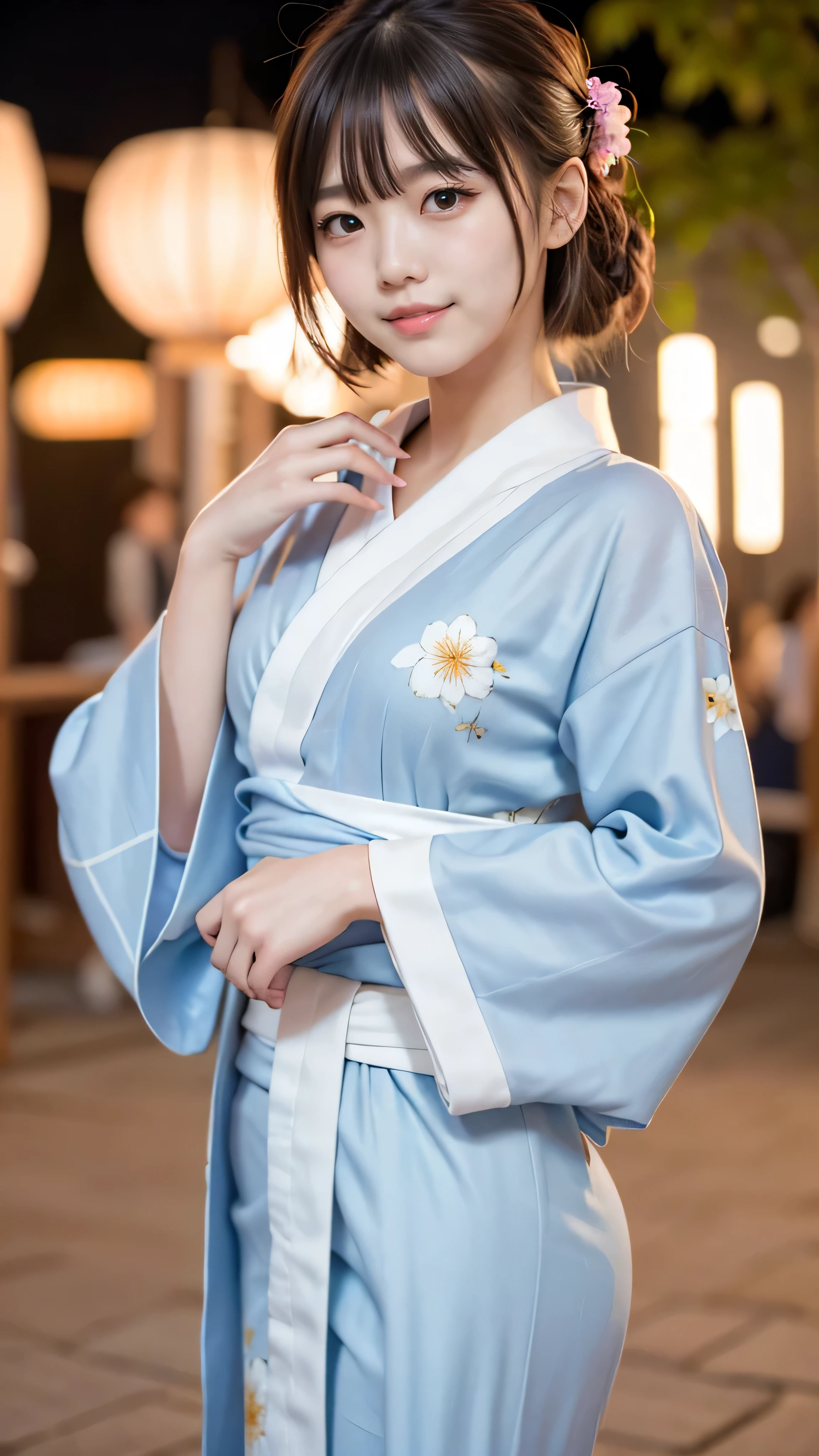 8k,Highest quality,(masterpiece:1.2),(Realistic),(Realistic:1.37),Ultra-high resolution,1 female college student,festival,night,smile,Beautiful Eyes,(((Cute Yukata))),Perfect body,Perfect Fingers,Professional Lighting,gravure,Detailed face and skin texture,fine grain,RAW Photos