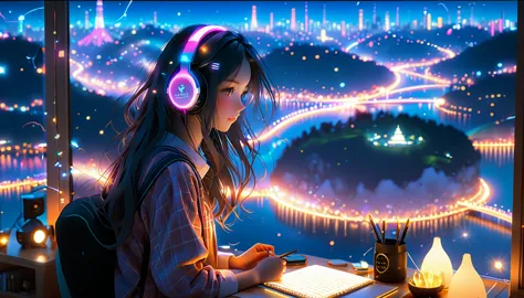 beautiful girl studying in her room while listening to music with headphones、long hair、warm indirect lighting、beautiful cityscap...