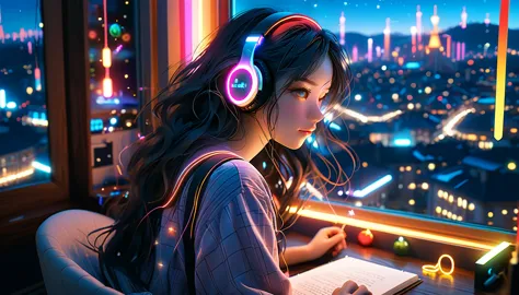 beautiful girl studying in her room while listening to music with headphones、long hair、warm indirect lighting、beautiful cityscap...