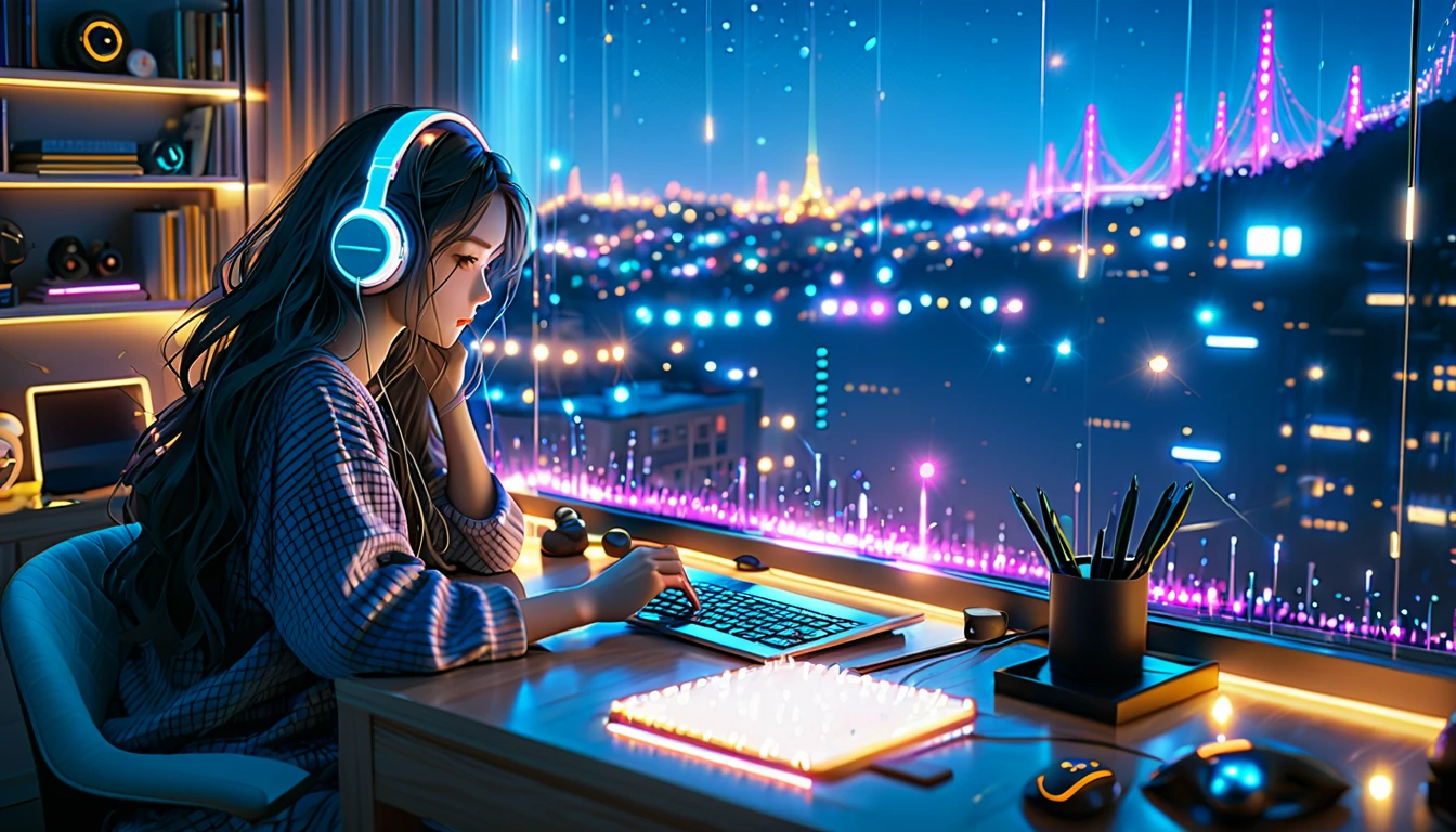 Beautiful girl studying in her room while listening to music with headphones、long hair、Warm indirect lighting、Beautiful cityscape from the room window、Japanese anime style、