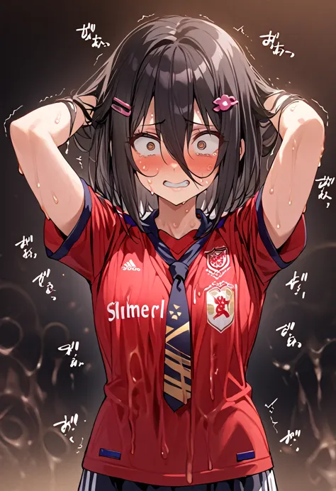 One Girl、juvenile、Soccer uniforms、One Curl Bob Cut、Highest quality、Black Hair、Sweaty body、Obscene sound effects、Japanese moans、Scared、(Long Bangs:1.3)、hairpin、(tie both arms behind the head:1.3)、(Fingers make small circles:1.9)、(Nervous:1.3)、slimy、Long chest、(irritate:1.3)、(Upper Body)、(Itchy nipples)、(pinch)、(Grin)、(Confused eyes:1.3)