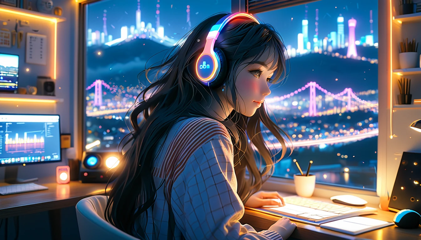 Beautiful girl studying in her room while listening to music with headphones、long hair、Warm indirect lighting、Beautiful cityscape from the room window、Japanese anime style、