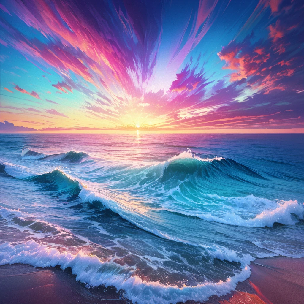 a colorful gradient sea, beautiful detailed ocean waves, calm serene atmosphere, vibrant colors, digital art, 8k, ultra-detailed, photorealistic, dramatic lighting, glowing sunset colors, dramatic clouds, ethereal, cinematic, surreal, masterpiece