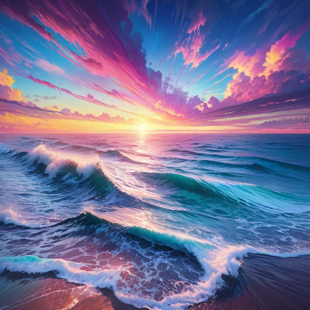 a colorful gradient sea, beautiful detailed ocean waves, calm serene atmosphere, vibrant colors, digital art, 8k, ultra-detailed, photorealistic, dramatic lighting, glowing sunset colors, dramatic clouds, ethereal, cinematic, surreal, masterpiece