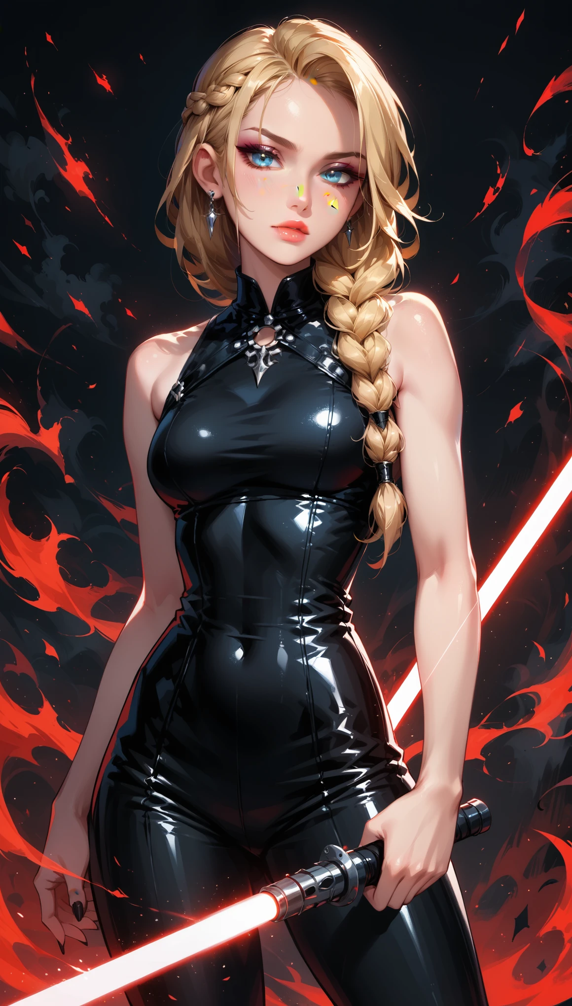 Dark Fantasy Art of score_9, score_8_up, score_7_up, rating_questionable, fantasy, lighting, epiCPhoto 1girl, solo, Sith Lord (ASTRIDHOFFERSON, blonde hair, braid, Long hair, blue eyes:1.2), (black latex top and latex pants:1.1), bare shoulders, bare arms, flirt, gaze, menacing look, half-closed eyes, head tilt, filled lips, thick lips, makeup, confident look, holding single red LightSaber, attack stance, modelling shoot, sexy pose, black background, red haze, dark, moody, dark fantasy style, cowboy shot.