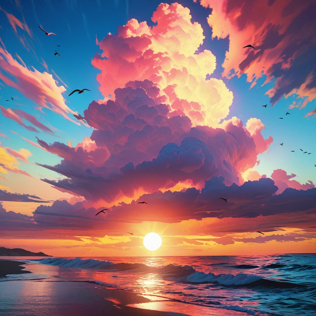 a colorful gradient sky and sea, dramatic clouds, detailed ocean waves, birds flying, sunset, vibrant colors, cinematic lighting, serene and peaceful atmosphere, photorealistic, 8k, hyperdetailed, masterpiece, landscape, highly detailed, glowing sun, golden hour,(60's american pop art style)