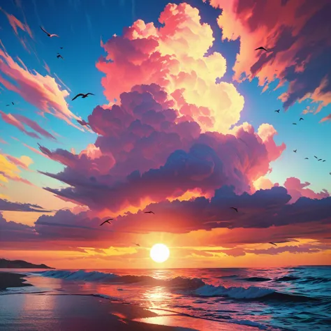 a colorful gradient sky and sea, dramatic clouds, detailed ocean waves, birds flying, sunset, vibrant colors, cinematic lighting...