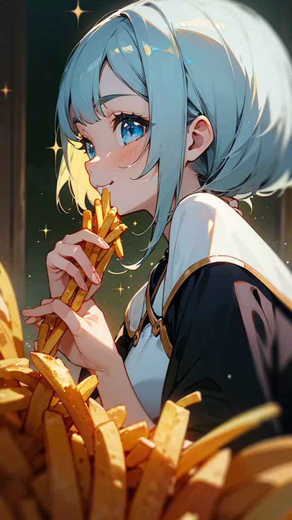 1 girl、Anime style painting、Upper body close-up、smile、Viewed from the side, impression, (Oil), Green and orange tones、Silver Hair, (Sparkling Blue Eyes)、Eating french fries