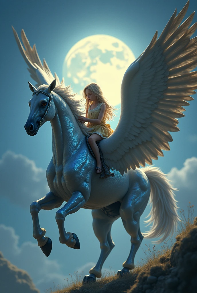 A fantastic animal, Nicer, with the body of a horse, majestic eagle wings and shimmering scales, that sparkle in the moonlight. A girl, 10 years, long blonde hair, rides on the back