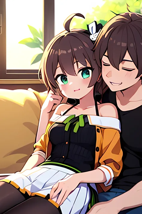 ((Woman sitting on male&#39;s lap:1.5)),((mature couple:1.4)),living,1 ((male:1.3)),Short Hair,Black Hair,standard length,White T-shirt ,jeans,Sit on the sofa/ 2. Women ,((natsuiro matsuri:1.3)),iris,Soft lips,Standard height,Side Ponytail,White pleated skirt,pantyhose,Sitting on male&#39;s lap,Staring at the male&#39;s face,