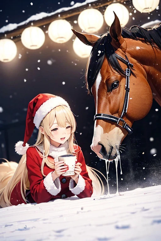 Christmasケーキを食べてる馬　Christmasでケーキを食べるThoroughbred　Christmasでケーキを食べる馬　Horses drinking　　Snow scene at night with powdery snow falling　Horse-focused　　Drinking horse　Horse face close-up　Christmas　Christmasパーティーをする馬たち　Christmasの夜　Horse dressed as Santa Claus　サンタクロースのコスプレをしてるThoroughbred
馬がサンタクロースの衣装を着てる　Horses alone　There are only horses　Thoroughbred　Horses only