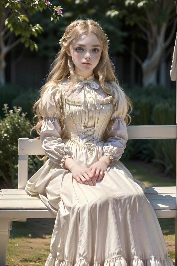 there is a teen sitting on a bench in a white dress, wearing 10s era clothes, inspired by Edmund Leighton, victorian style costume, a beautiful victorian woman, young victorian sad fancy lady, a beautiful woman in white, victorian dress, portrait of elle fanning, portrait of lolita, wearing a white folkdrakt dress, a stunning young ethereal figure, 1885, england. Pre-raphaelite 1 Freya Mavor, blonde, boarding school gardens, ((((1880s clothes, white dress)))), ((1880s hairstyle)), PERSEPHONE, (tan, sd character:1.1)