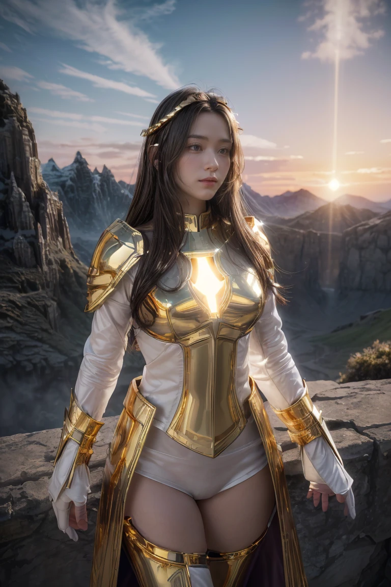 ((masterpiece, best quality, extremely detailed), volumetric lighting, ambient occlusion, colorful, glowing), 1girl, solo, young girl, (dark hair), long hair, halo, aura, sacred, goddess, cleric suit, (white outfit with gold detailst:1.3), armor, outdoors, sunset, sky, clouds, space, (fantasy theme:1.2), full armor