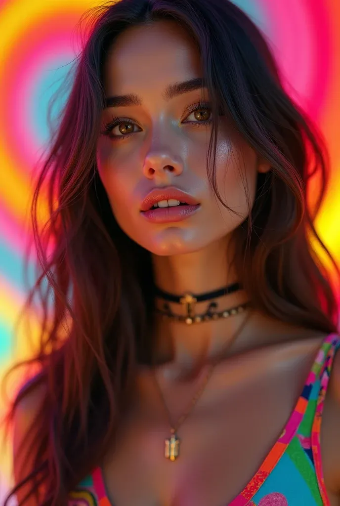 a colorful hippie woman with long straight hair, beautiful detailed eyes,beautiful detailed lips,extremely detailed eyes and face,longeyelashes,wearing bell bottom pants, unisex fashion, vibrant gradients, psychedelic, (best quality,4k,8k,highres,masterpiece:1.2),ultra-detailed,(realistic,photorealistic,photo-realistic:1.37),HDR,UHD,studio lighting,ultra-fine painting,sharp focus,physically-based rendering,extreme detail description,professional,vivid colors,bokeh,portrait