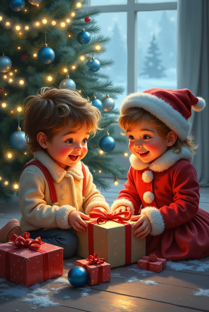 Prompt: a whimsical, realistic. Oil painted, two beautiful children, a boy and a girl it is Christmas morning The Christmas tree has white lights decorated in blue and silver They are both excited. they're opening gifts Christmas scene. artistic oral painting.HD, K8