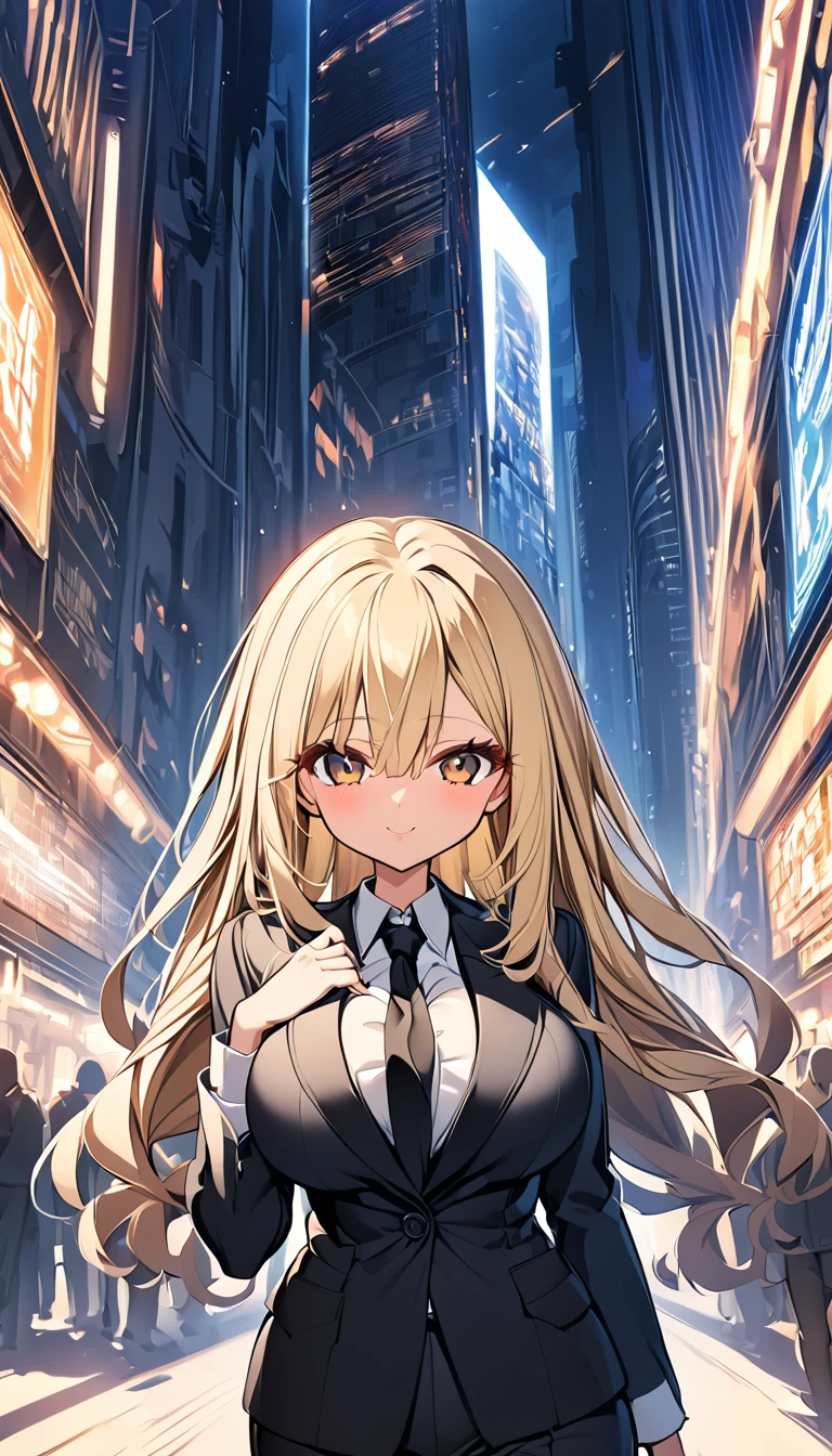 One girl　Cute Girls　Anime Style　Anime Face　Anime Style　Beauty　Big Breasts　Black pants suit　Black colored shirt　Black color tie　Blonde hair　Straight Hair　Long Hair