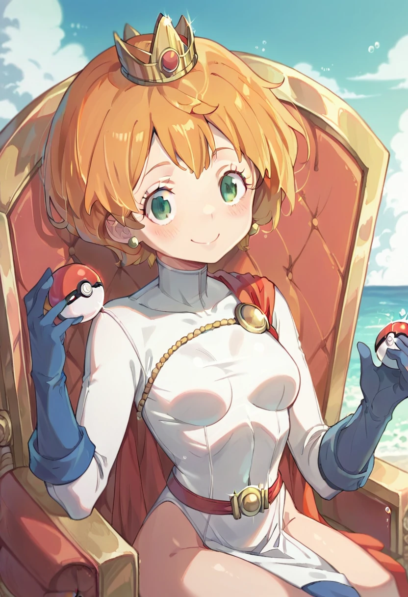 Misty_pokemon , Berry Short,Orange Hair ,Big green eyes,Small breasts,Skinny . Queen of the ocean , beautiful outfit, crown , throne , bubble , power girl , cute , beautiful woman, blush , sweet smile, blue PokeBall 