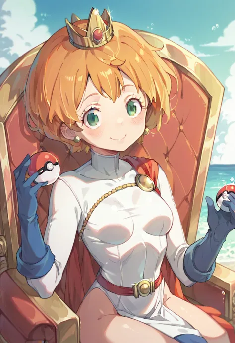 misty_pokemon , berry short,orange hair ,big green eyes,small breasts,skinny . queen of the ocean , beautiful outfit, crown , th...