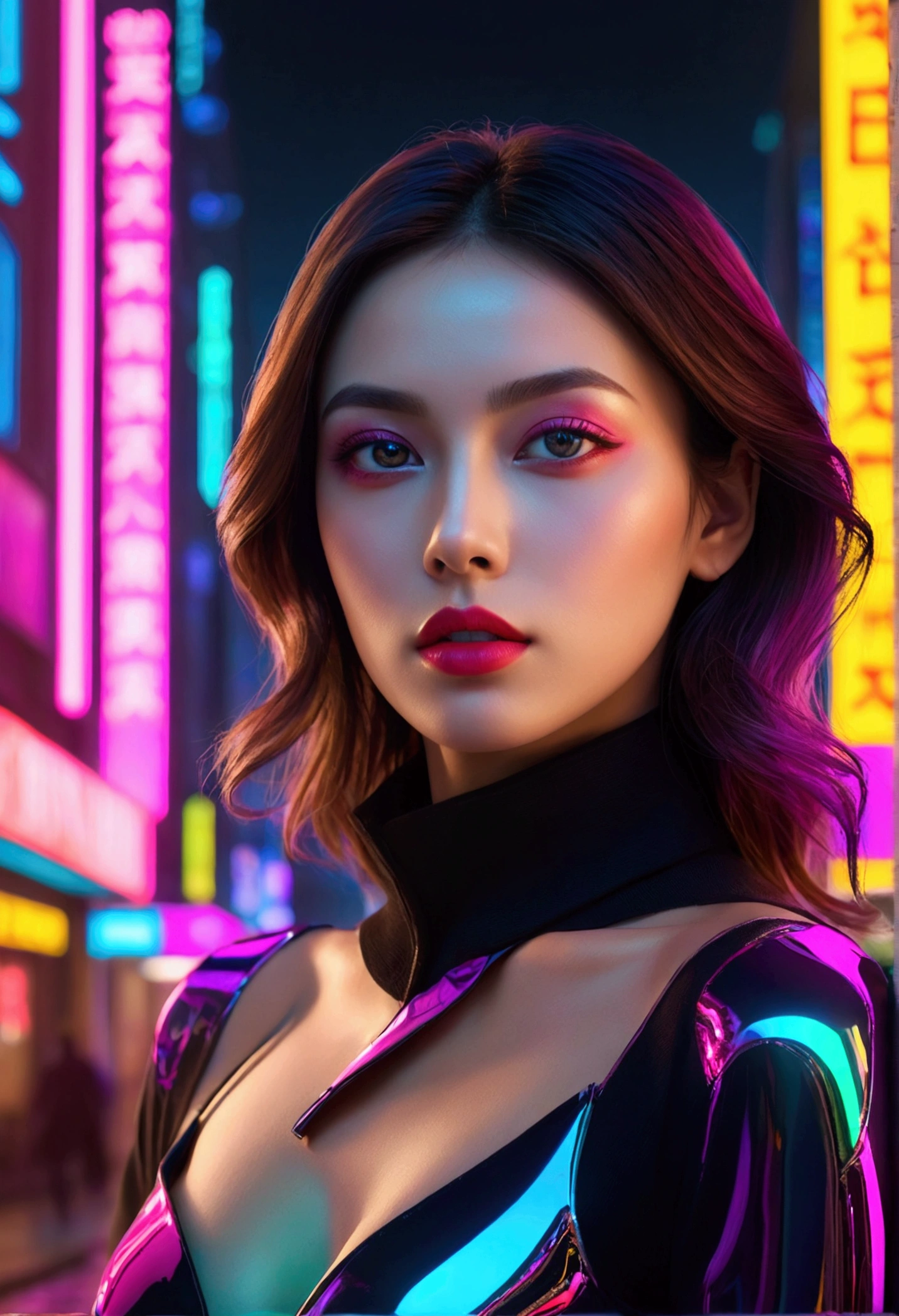 colorful gradation, neo-capitalism, commodities, international conflict, 1 woman, beautiful detailed eyes, beautiful detailed lips, extremely detailed face, elegant pose, luxury fashion, dramatic lighting, cinematic composition, vibrant colors, dystopian atmosphere, neon-lit cityscape, modern architecture, glowing signs, high contrast, photo-realistic, 8k, best quality, masterpiece