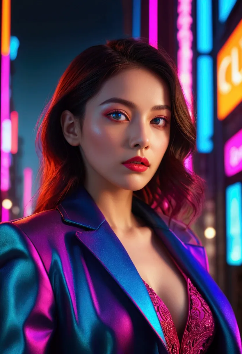 colorful gradation, neo-capitalism, commodities, international conflict, 1 woman, beautiful detailed eyes, beautiful detailed lips, extremely detailed face, elegant pose, luxury fashion, dramatic lighting, cinematic composition, vibrant colors, dystopian atmosphere, neon-lit cityscape, modern architecture, glowing signs, high contrast, photo-realistic, 8k, best quality, masterpiece