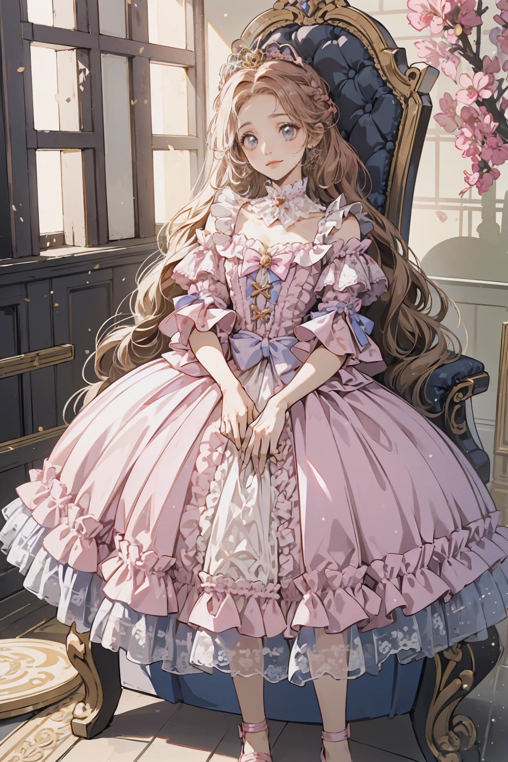 (Highest quality,4K,High resolution,masterpiece:1.2),Very detailed,Realistic:1.37,,(whole body, I can see your feet and shoes: 1.2),、((Pink Dress)), Hyperrealistic photo of a girl in a majestic light pink and gold ball gown dress, Big beautiful dress, Lots of frills and rhinestones、Intricately voluminous ball gown (Highest quality, Tabletop, Art Station, Fantasy art:1.2),  美しいcute女の子, (Long blonde curly hair:1.1), (Intricate short gold skirt, whole bodyショット)、Anime Style、Storytelling、、Beautiful girl、とてもcute天使、Pink Gothic Dress、cute、Baby Face、smile、Long Skirt、,Black long boots、Highest quality, masterpiece, 最High resolution, artwork, super それにGet used to it, many Get used to it, Get used to it, それにGet used to it, woman, ,((Pink Victorian Voluminous Ball Gown Dress)),Long dress,A dress with lots of frills and ribbons..Wearing a tiara on her head,luxury,One person, Pink brown hair,Pink Eyes、Pink World,(A girl wearing a pink princess skirt),Pink Hair,pink bedroom layout,Pink Bed,Pink mosquito net,Pink furniture,Pink color palette,(zenTangle, Mandala, Tangle, enTangle:0.6),(Making Art),The most beautiful chaotic shapes,Beast Design,behind,Pink High Heels,Perfect hands,