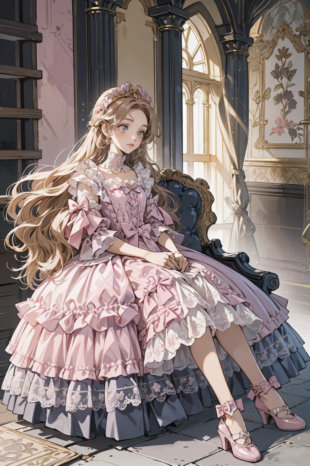 (Highest quality,4K,High resolution,masterpiece:1.2),Very detailed,Realistic:1.37,,(whole body, I can see your feet and shoes: 1.2),、((Pink Dress)), Hyperrealistic photo of a girl in a majestic light pink and gold ball gown dress, Big beautiful dress, Lots of frills and rhinestones、Intricately voluminous ball gown (Highest quality, Tabletop, Art Station, Fantasy art:1.2),  美しいcute女の子, (Long blonde curly hair:1.1), (Intricate short gold skirt, whole bodyショット)、Anime Style、Storytelling、、Beautiful girl、とてもcute天使、Pink Gothic Dress、cute、Baby Face、smile、Long Skirt、,Black long boots、Highest quality, masterpiece, 最High resolution, artwork, super それにGet used to it, many Get used to it, Get used to it, それにGet used to it, woman, ,((Pink Victorian Voluminous Ball Gown Dress)),Long dress,A dress with lots of frills and ribbons..Wearing a tiara on her head,luxury,One person, Pink brown hair,Pink Eyes、Pink World,(A girl wearing a pink princess skirt),Pink Hair,pink bedroom layout,Pink Bed,Pink mosquito net,Pink furniture,Pink color palette,(zenTangle, Mandala, Tangle, enTangle:0.6),(Making Art),The most beautiful chaotic shapes,Beast Design,behind,Pink High Heels,Perfect hands,