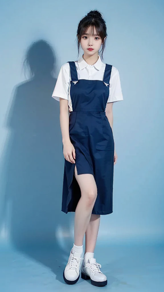 1girl with cute face and black hair, model posing, standing, wearing white shirt, pinafore length over knee, (blue uniform:1.2), wearing black shoes, white background, morning, full body, (masterpiece, top quality, best quality, official art, beautiful and aesthetic:1.2)