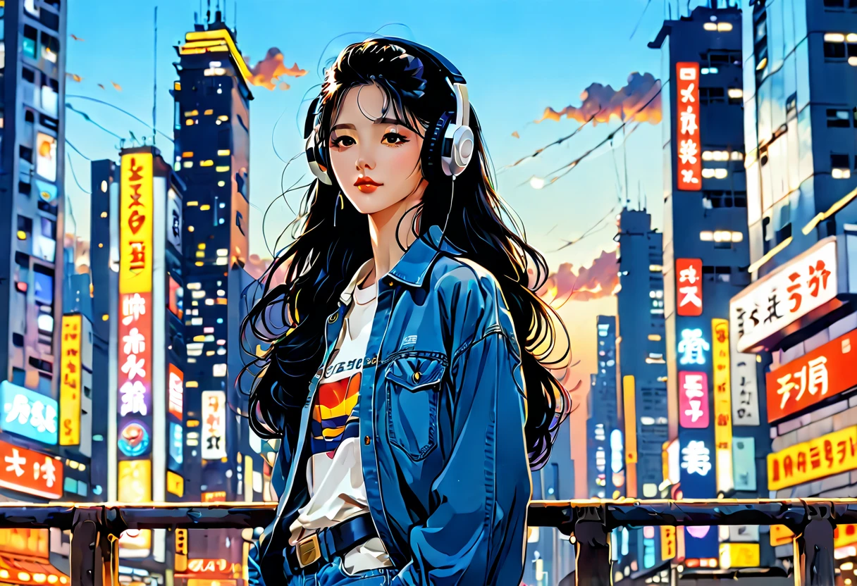 (((masterpiece, Highest quality)))、(((32K Wallpapers)))、score_9, score_8_up, 1girl, long black hair,　masterpiece, Highest quality, so beautiful、comics、anime、An illustration、One Girl、Wearing headphones and listening to music、Close ~ eyes、Chic and relaxed clothing、He is wearing a shirt and denim pants、The background is a city skyscraper、Nostalgic atmosphere in the evening