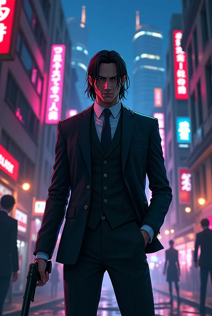 "Create a 3D anime-style cover image for a story set in the underworld of Tokyo. The scene should feature a neon-lit, gritty cityscape with dark, shadowy alleyways and towering skyscrapers in the background. In the foreground, a male mercenary stands confidently, dressed in a sleek, 'John Wick'-style suit and costume, with a cool, professional demeanor. The mercenary’s expression should convey intense focus and calm resolve. Surrounding him are subtle hints of the criminal world, such as shadowy figures and ominous symbols. The overall atmosphere should reflect a high-stakes, dangerous environment where skill and survival are paramount."
