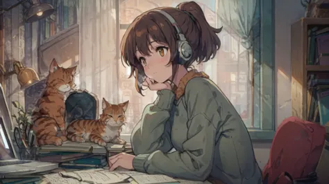 an anime-style illustration of a young woman studying at a vintage wooden desk in a cozy, softly lit study room. she has shoulde...