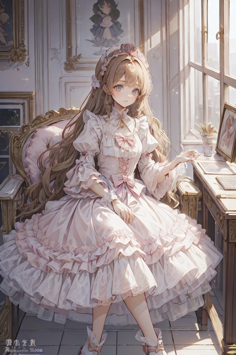 (Highest quality,4K,High resolution,masterpiece:1.2),Very detailed,Realistic:1.37,,(whole body, I can see your feet and shoes: 1.2),、((Pink Dress)), Hyperrealistic photo of a girl in a majestic light pink and gold ball gown dress, Big beautiful dress, Lots of frills and rhinestones、Intricately voluminous ball gown (Highest quality, Tabletop, Art Station, Fantasy art:1.2), 美しいcute女の子, (Long blonde curly hair:1.1), (Intricate short gold skirt, whole bodyショット)、Anime Style、Storytelling、、Beautiful girl、とてもcute天使、Pink Gothic Dress、cute、Baby Face、smile、Long Skirt、,Black long boots、Highest quality, masterpiece, 最High resolution, artwork, super それにGet used to it, many Get used to it, Get used to it, それにGet used to it, woman, ,((Pink Victorian Voluminous Ball Gown Dress)),Long dress,A dress with lots of frills and ribbons..Wearing a tiara on her head,luxury,One person, Pink brown hair,Pink Eyes、Pink World,(A girl wearing a pink princess skirt),Pink Hair,pink bedroom layout,Pink Bed,Pink mosquito net,Pink furniture,Pink color palette,(zenTangle, Mandala, Tangle, enTangle:0.6),(Making Art),The most beautiful chaotic shapes,Beast Design,behind,Pink High Heels,Perfect hands,
