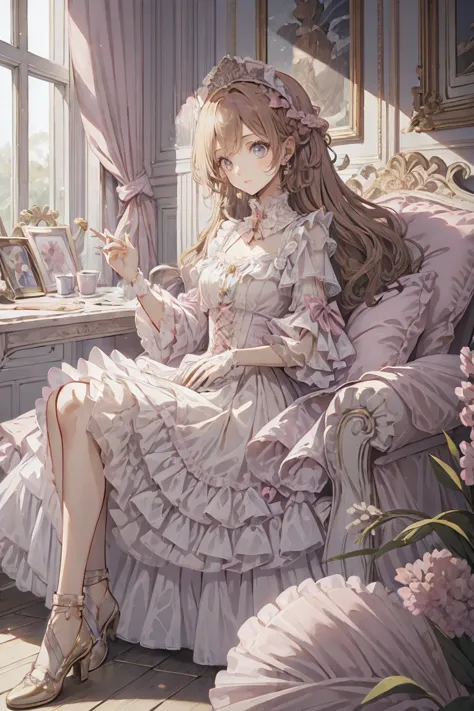 (Highest quality,4K,High resolution,masterpiece:1.2),Very detailed,Realistic:1.37,,(whole body, I can see your feet and shoes: 1.2),、((Pink Dress)), Hyperrealistic photo of a girl in a majestic light pink and gold ball gown dress, Big beautiful dress, Lots of frills and rhinestones、Intricately voluminous ball gown (Highest quality, Tabletop, Art Station, Fantasy art:1.2), 美しいcute女の子, (Long blonde curly hair:1.1), (Intricate short gold skirt, whole bodyショット)、Anime Style、Storytelling、、Beautiful girl、とてもcute天使、Pink Gothic Dress、cute、Baby Face、smile、Long Skirt、,Black long boots、Highest quality, masterpiece, 最High resolution, artwork, super それにGet used to it, many Get used to it, Get used to it, それにGet used to it, woman, ,((Pink Victorian Voluminous Ball Gown Dress)),Long dress,A dress with lots of frills and ribbons..Wearing a tiara on her head,luxury,One person, Pink brown hair,Pink Eyes、Pink World,(A girl wearing a pink princess skirt),Pink Hair,pink bedroom layout,Pink Bed,Pink mosquito net,Pink furniture,Pink color palette,(zenTangle, Mandala, Tangle, enTangle:0.6),(Making Art),The most beautiful chaotic shapes,Beast Design,behind,Pink High Heels,Perfect hands,
