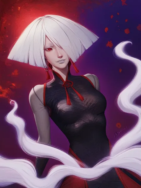 aki. white hair. red eyes,meduim hair.