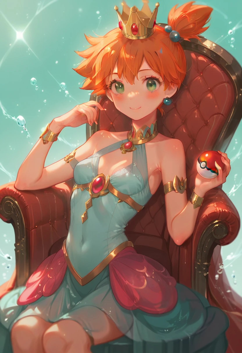 Misty_pokemon , Berry Short,Orange Hair ,Big green eyes,Small breasts,Skinny . Queen of the ocean ,water effect , beautiful outfit, crown , throne , bubble , power , cute, coquet , beautiful woman, blush , sweet smile, blue PokeBall 