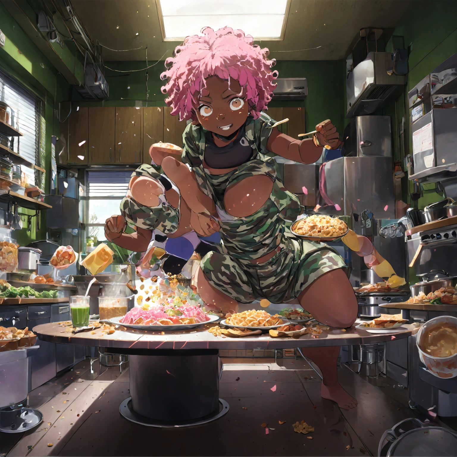 safe_pos, score_9, score_8_up, score_7_up, ((PIXIV)),((Pixiv))
indoors, 1girl, 1boy, Mina Ashido from My Hero Academia,hyper bubble ass,tight short short,buttcrack,uneven butt,shortstack,looking back,eyes closed,open mouth,making breakfast,dinning table, dark-skinned girl with short curly pink hair, wearing a tight crop top and blue-purple camouflage leggings, pouring cereal with a playful expression, musical notes floating around her, big hips, thick thighs, slightly chubby, suggestive pose. In the background, Izuku Midoriya (Deku), shy and blushing with dark green curly hair, wide-eyed expression, sitting at a table. The scene is set in a bright kitchen, anime style, dynamic, fun, and humorous atmosphere,