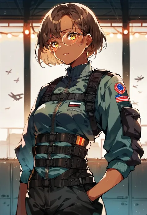 beautiful shy anime pilot woman, tanned skin, short brown hair, aviator glasses, yellow eyes, black tactical leather flightsuit,...