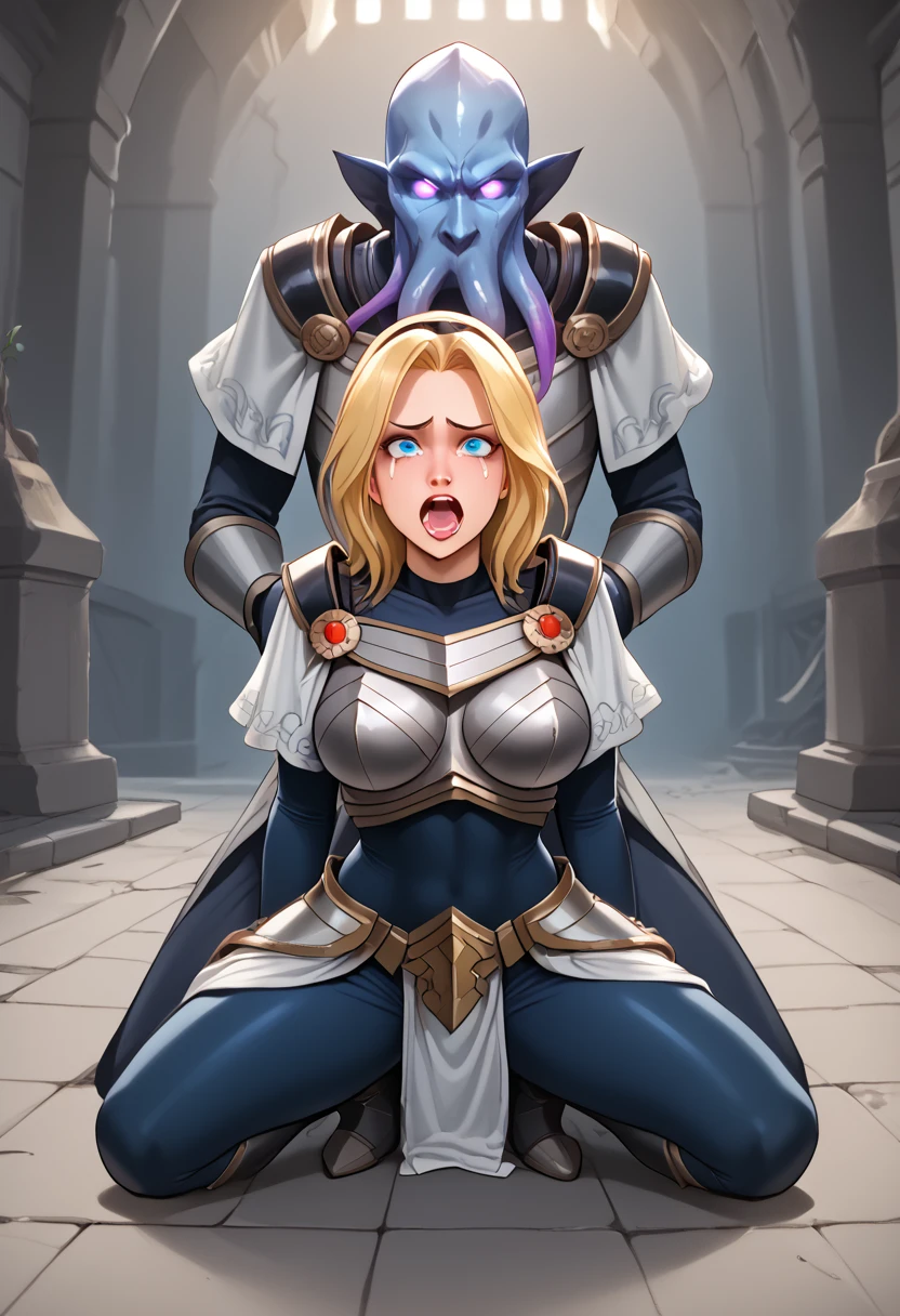 score_9, score_8_up, score_7_up, score_6_up, score_5_up, score_4_up, front view, masterpiece, LuxLoLXL, blue eyes, blonde hair, long hair, black hairband, big breasts, collarbone, shoulder armor, armor, blue bodysuit, (((breastplate))), long sleeves, best quality, city, night, ruins, looking at viewer, alleyway, big breasts, anguished cries, crying, Screaming, pain face, lots of tears, tears in the eyes, crying, tears, crying a lot,screaming in pain, scary face, huge, penis,mindflayer,monster,braindrain,tentacle around breast,1girl,tentacle around neck,big breasts,huge penis ,blood in pussy,large insertion,arm grab,arms held,clothed male,coat,clenched teeth,rolling eyes,drooling,glowing eyes,sweat, vaginal penetration, torn clothes, (((blood in vagina)), ((blood in pussy)), full body,