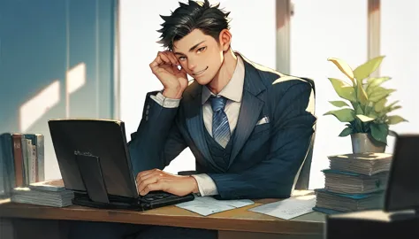 officeワーカー, alone, operate your computer at your desk, japanese, black hair, brown eyes, male, suit, office