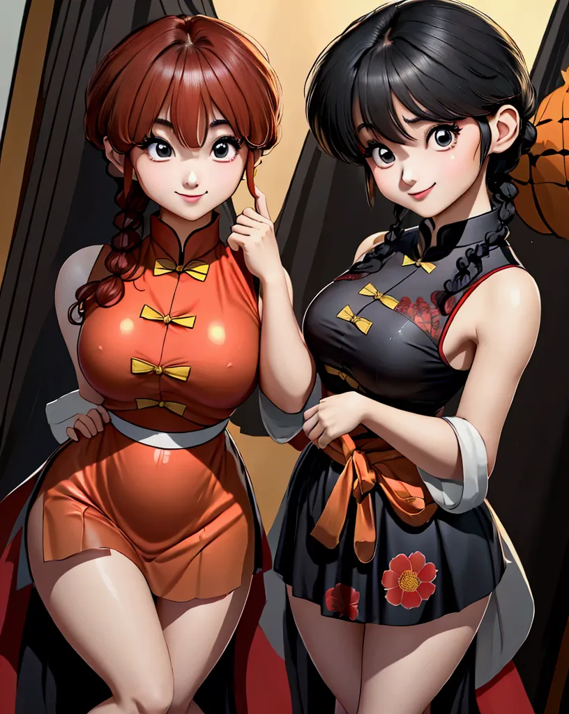 create female ranma(2)(2 people have the same proportion)(actual上下身衣服是:3.7 scale),color full-body photo,(female ranma avatar)，ha...