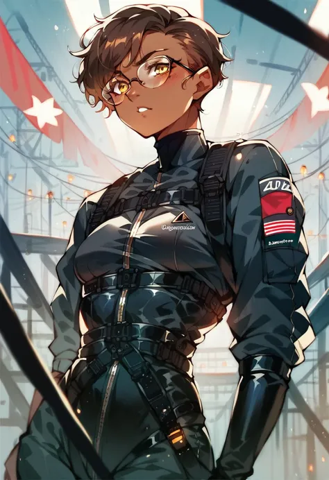 beautiful shy anime pilot woman, tanned skin, short brown hair, aviator glasses, yellow eyes, black tactical leather flightsuit,...