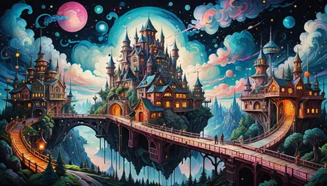 acrylic painting vivid sci-fi illustration city, 【bridge, psychedelic cloud, starry sky castle land